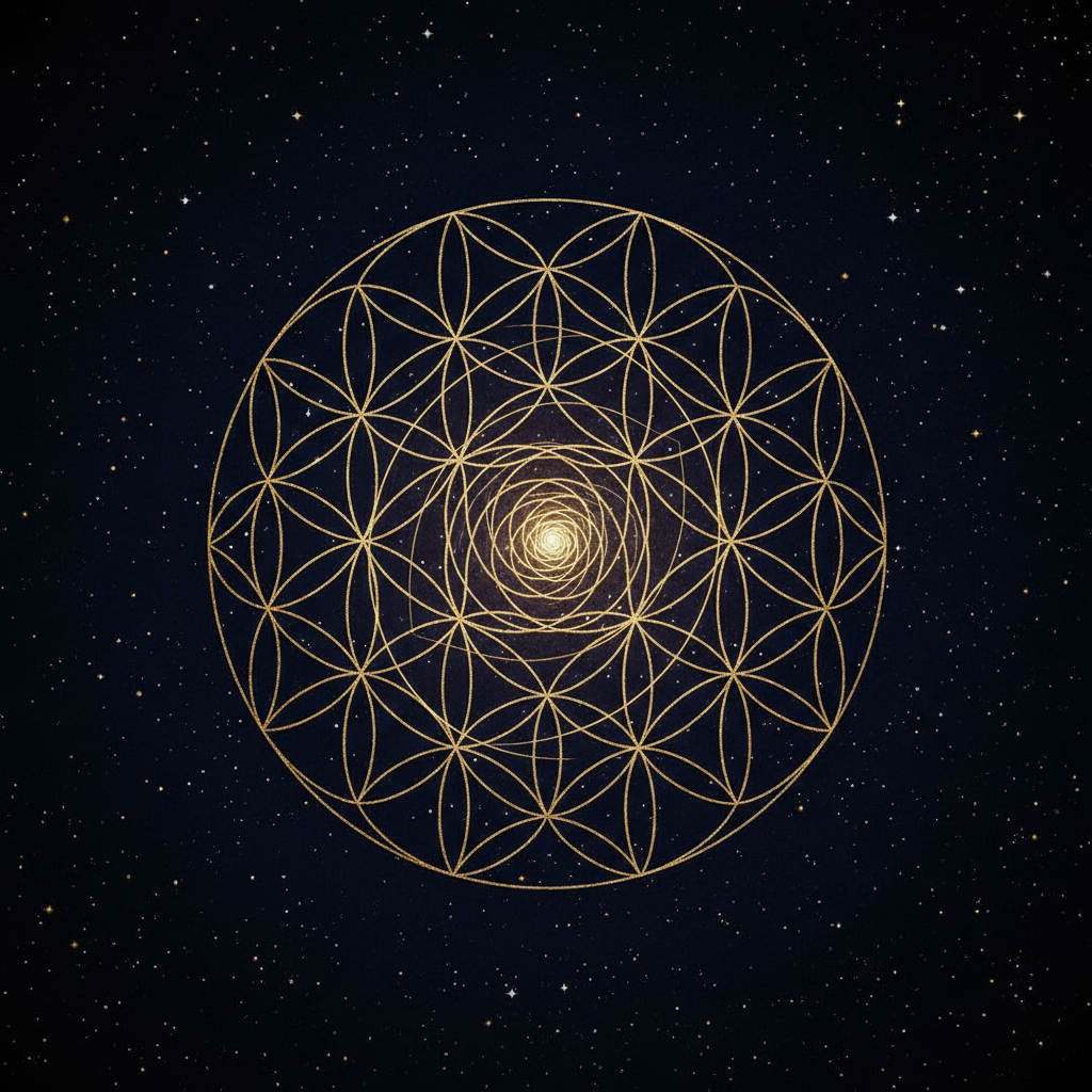 Sacred geometry Flower of Life pattern in fine antique gold lines overlaid on a deep midnight navy starfield with a faint golden spiral