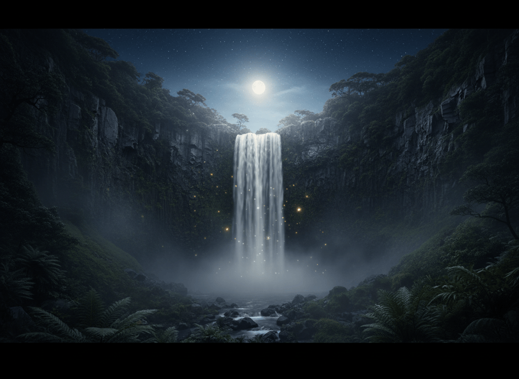 A sacred moonlit waterfall cascading over ancient dark basalt cliffs in a rainforest caldera at night, mist rising, a starry deep-navy sky above, faint golden light glimmering on the water. Mystical, reverent, dark cinematic tones. No people, no text.