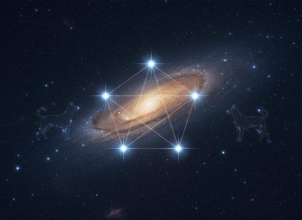 Vast panoramic night sky with a galactic pentagram of bright stars connected by faint golden light, deep navy cosmos, the Milky Way core glowing warm amber-gold, two faint constellation dog shapes on either side. Ethereal, sacred, astronomical. No text, no people.