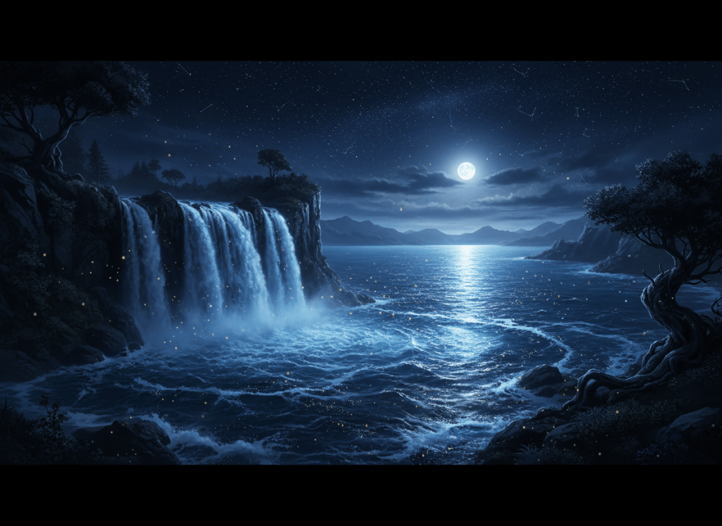 A luminous meeting of fresh water and salt water under a vast starfield night sky - a dark sacred waterfall spilling into a moonlit bay, deep navy and indigo tones with reflected starlight on the water, faint antique-gold glimmer. Mystical, reverent, cinematic. No text, no people.