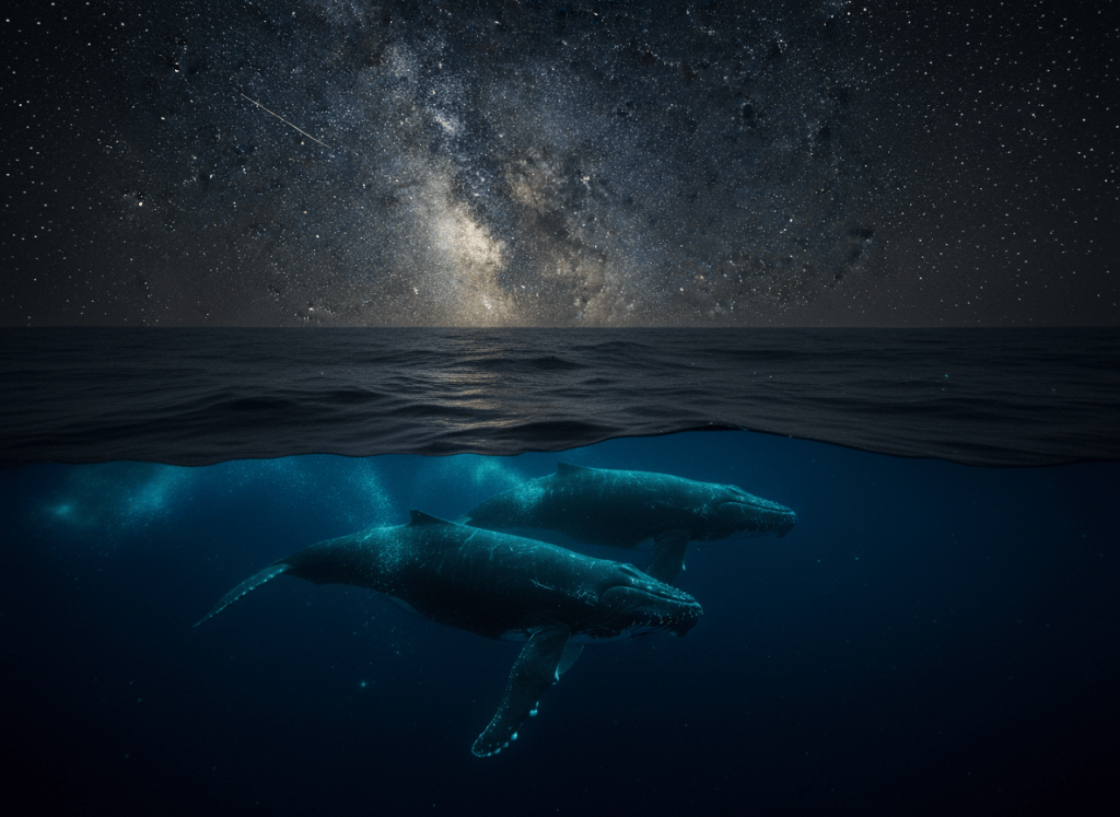 Two humpback whales migrating through deep dark ocean waters at night beneath a brilliant starfield, bioluminescent glints and antique-gold starlight reflecting on the water surface, deep navy indigo palette, serene and majestic and reverent. No text.