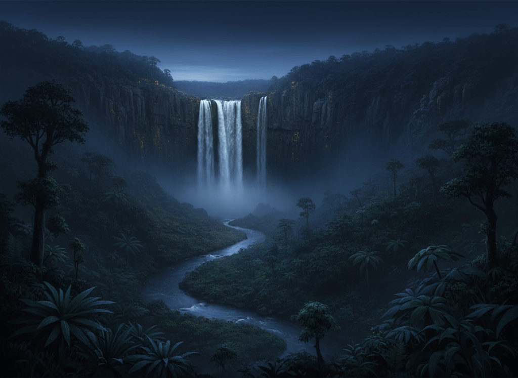 A sacred waterfall cascading down an ancient volcanic plateau at deep twilight, lush subtropical rainforest gorge, dark moody atmosphere, deep navy blue tones with faint antique gold light catching the mist and water. The falls glow softly as if lit by starlight. Reverent, mystical, cinematic. No text, no people.