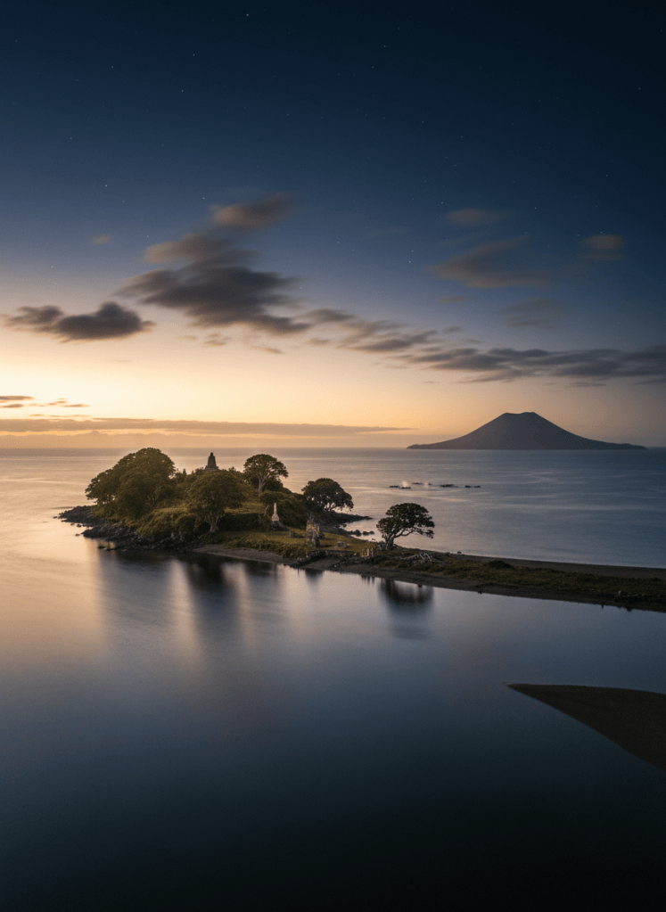 A serene sacred island at dusk sitting in calm salt water bay, the meeting of fresh river waters and salt sea waters, soft antique gold light on the horizon, deep navy twilight sky with early stars, a small volcanic island silhouette, whales faintly visible migrating in distant water, mystical and reverent mood, warm cream and gold tones against deep navy