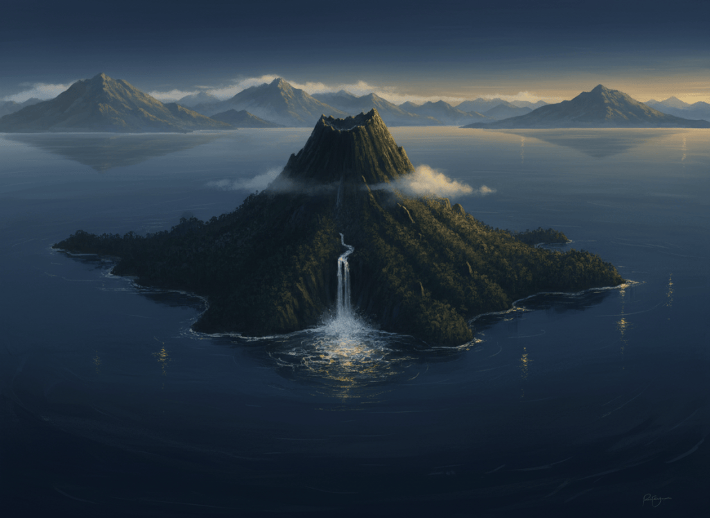 A small enchanted volcanic island sitting in calm salt water at twilight, seen from above and afar. Deep navy and antique gold color palette, the water glowing with faint golden reflections of stars, the island a dark volcanic plug covered in ancient rainforest. Misty mountains in the far distance. Where fresh waterfall waters meet the salt bay. Sacred, mythic, reverent dreamtime mood, painterly, no text, no people.