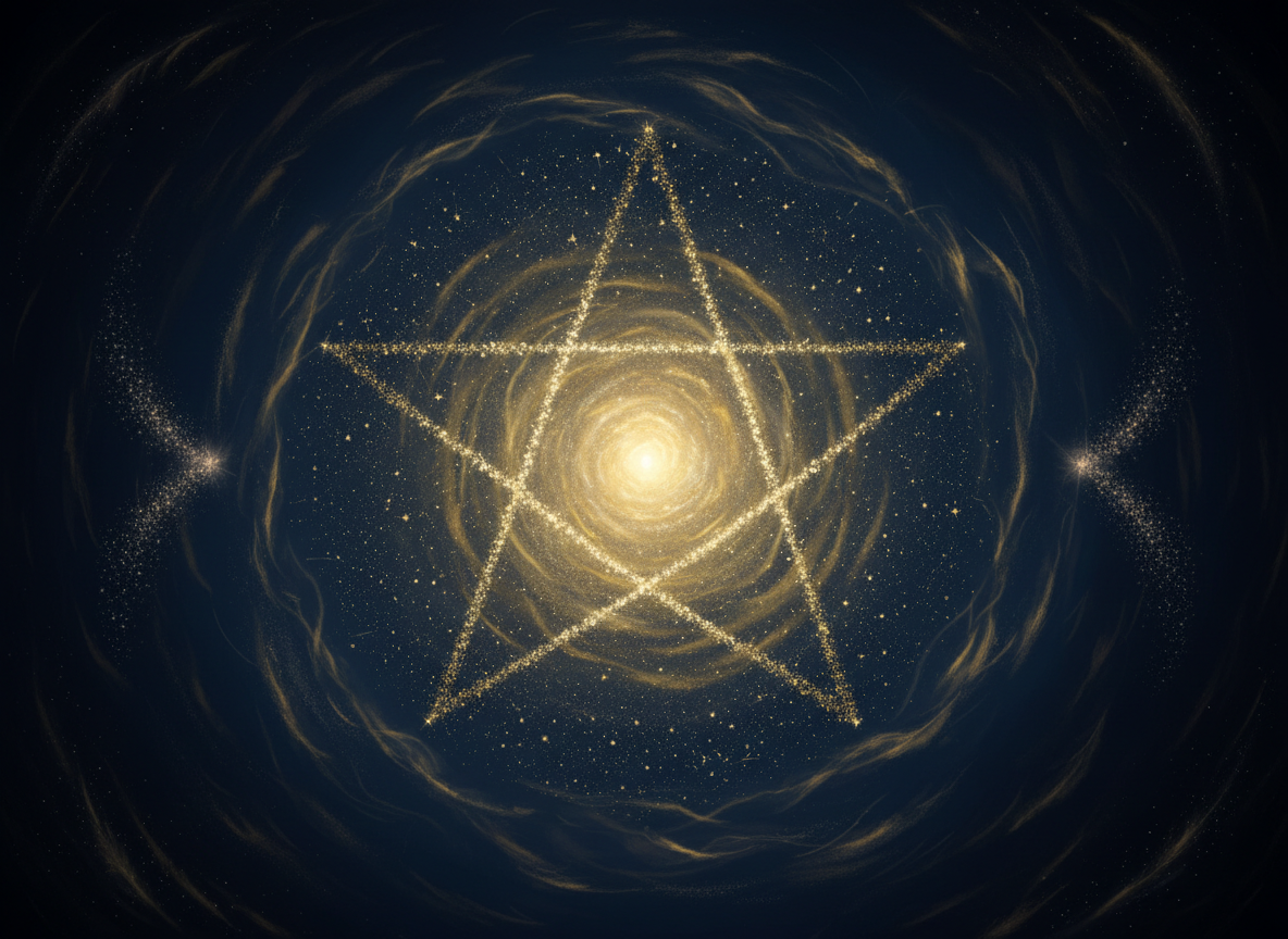 An expansive sacred night sky, deep navy darkening at edges, dense field of antique gold stars forming a vast galactic pentagram-like formation with the bright Milky Way center. Two faint star groupings on the left and right edges like guardian constellations. Ethereal golden glow, feather-light wisps of golden cosmic dust. Deeply reverent, timeless, matristic dreamtime atmosphere. No text, no figures, painterly and atmospheric.